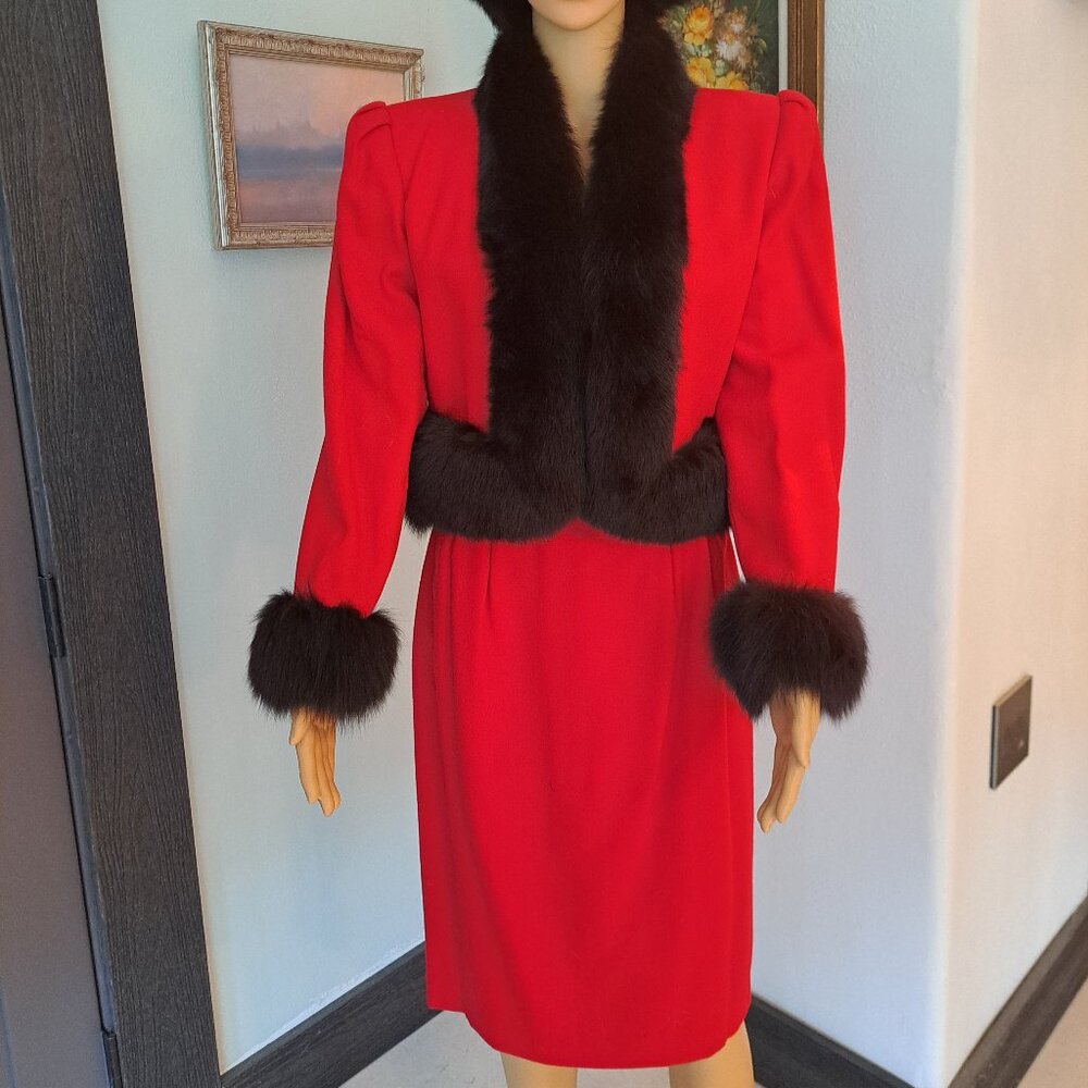 Nolan Miller Elegant Core Red Wool Suit - Black Fox Cuffs &Collar - Size 8  VTG
